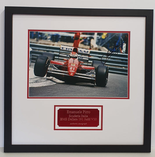 Emanuele Pirro Signed Scuderia Italia Photo Framed. - Darling Picture Framing