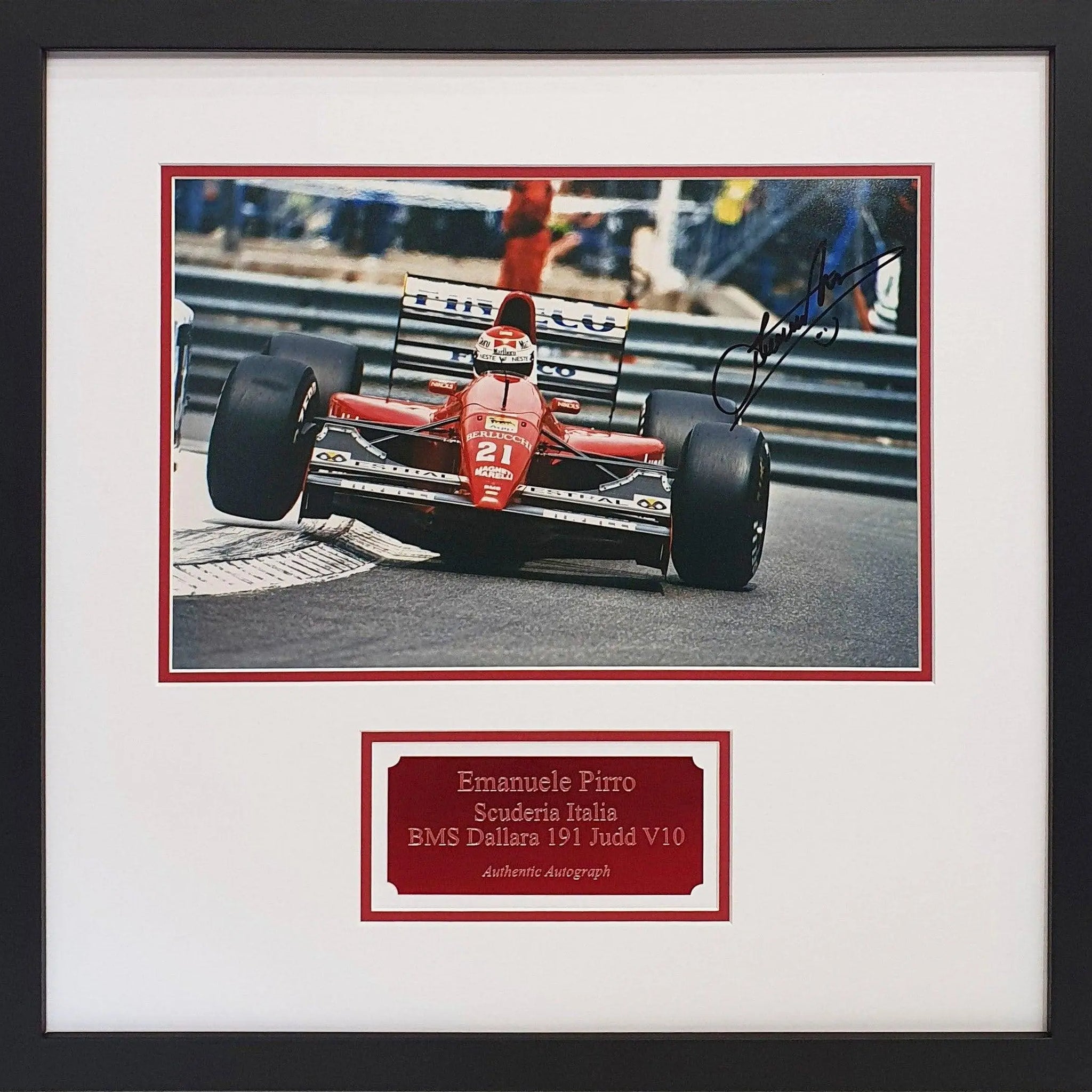 Emanuele Pirro Signed Scuderia Italia Photo - Framed with COA - Darling Picture Framing