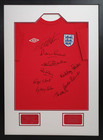 England 1966 World Cup Winners Shirt Signed by 9 - Framed with COA - Darling Picture Framing